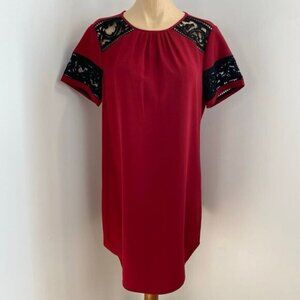 MICHAEL Michael Kors Women's M Red Black Lace Short Sleeve Shift Dress Knee